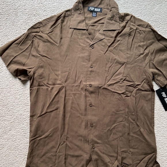 Pop Man Men's Short Sleeve Button Up Shirt Top Tee Brown Collared Soft Viscose M - Picture 4 of 6